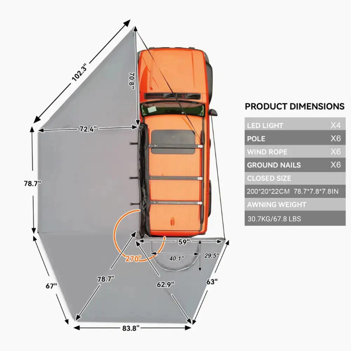 Naturnest 270 Car Awning Plus dimensions and coverage diagram