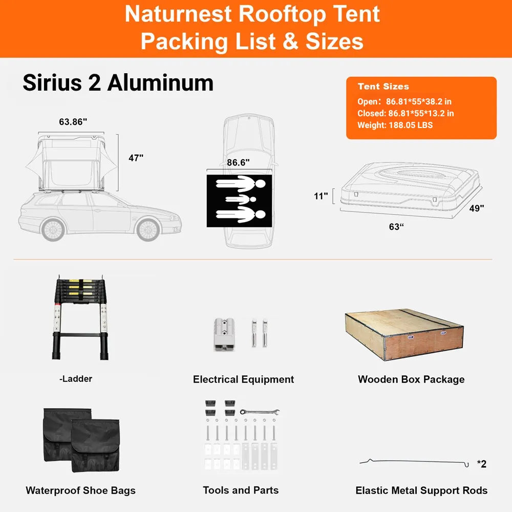 Sirius 2 Aluminum rooftop tent dimensions diagram