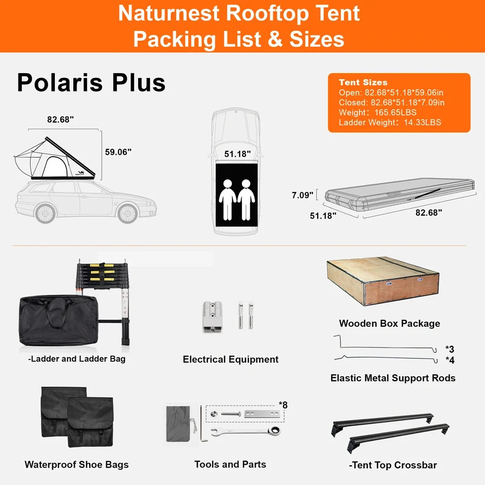 Polaris Plus rooftop tent packaging list with dimensions and components on a white background.